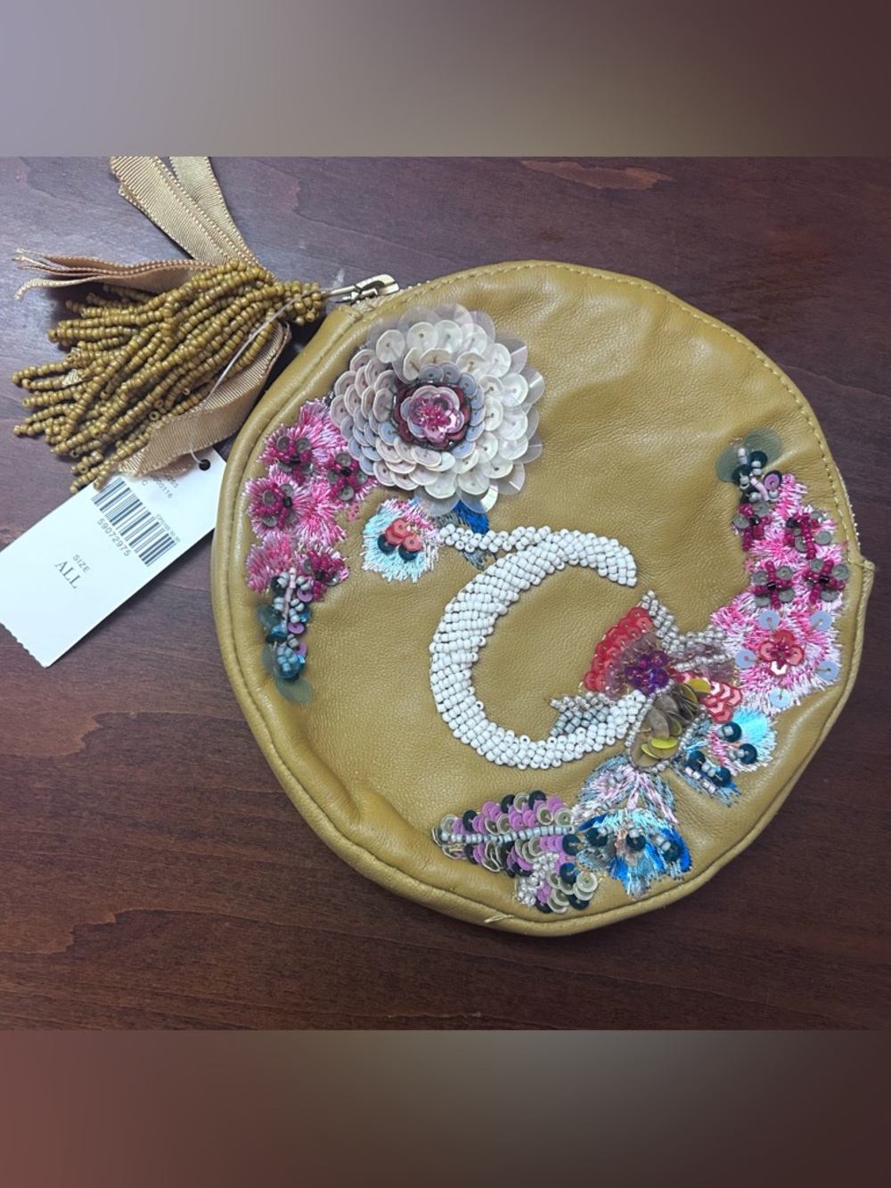 Anne Harlow Russo for anthropology round leather zippered embroidered beaded bag